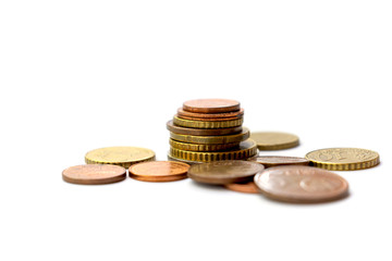 coins money euro cents rate of payment on white background space for text
