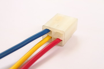 electrical connector with colored cables and white background