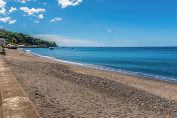 A view along the beach at Saint Pierre at the foot of the volcano, Mount Pelee in Martinique