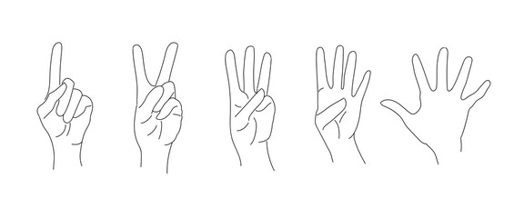 A set of hand gesture symbols - a number on the fingers. Numbers: one, two, three, four, five indicated by a gesture. Vector, isolated simple image with a single stroke.