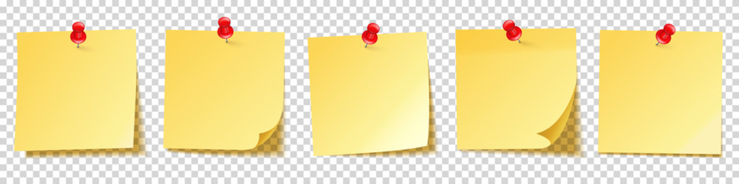 Realistic blank sticky notes isolated on white background. Yellow sheets of note papers with push pin. Paper reminder. Vector illustration.