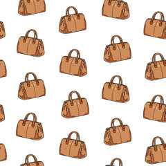 Seamless pattern of brown bag on a white background. Fashion wallpaper. Hand drawing. Vector illustration in cartoon style.
