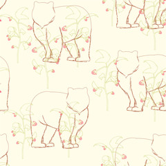Seamless pattern: Bear and branches of raspberry bushes in the forest. Bear background. Hand drawing. Vector illustration.