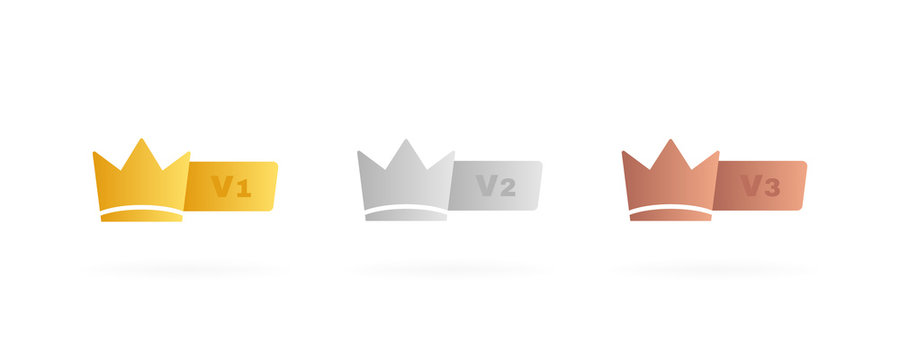 Set VIP badges in gold, silver and bronze color. Crown label with three vip level. Modern vector illustration