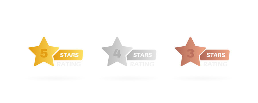 Stars label with different level of grade. Five, four and three stars rating. Customer product rating review. Modern vector illustration