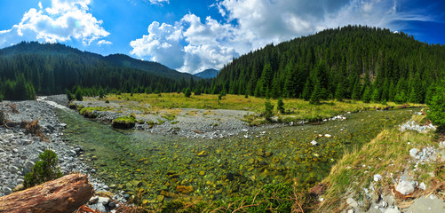 Lotru River and its alpine meadows fisheye - style panorama