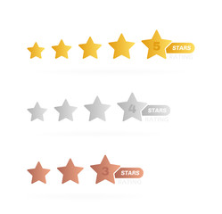 Stars label with different level of grade. Five, four and three stars rating. Customer product rating review. Modern vector illustration
