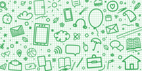 Back to school. Abstract colored background with hand drawn school supplies. Elements are drawn in a linear style