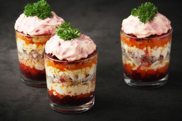 Dressed herring or herring under fur - traditional Russian salad