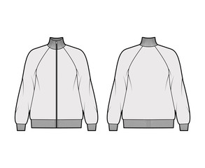 Oversized long-sleeved zip-up sweatshirt technical fashion illustration with cotton-jersey, raglan, ribbed trims. Flat outwear jumper apparel template front back grey color. Women, men unisex top CAD