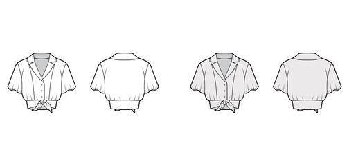 Tie-front cropped shirt technical fashion illustration with camp collar, short circle sleeves, front button fastenings. Flat blouse apparel template front back white grey color. Women men unisex top