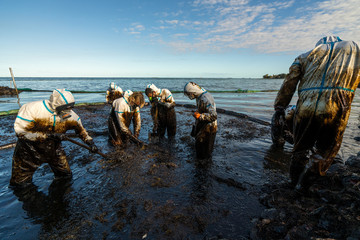 Volunteers clean the ocean coast from oil after a tanker wreck. Mauritius