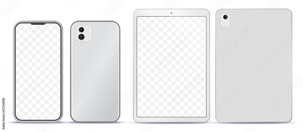 Wall mural silver mobile phone and tablet computer mockup with front and back side view.
