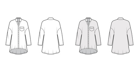 Oversized shirt dress technical fashion illustration with angled pocket, long sleeves, regular collar, dropped shoulders, high-low hem. Flat apparel template front back white grey color. Women men top