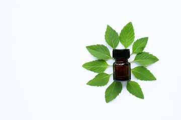 Essential oil bottle with fresh mint leaves on white background.