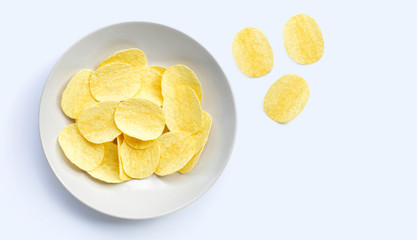 Potato chips on white background.