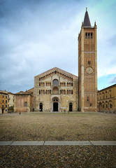 Parma, view of the romanic cathedral and the bell tower in the duomo square, Emilia Romagna, Italy,...