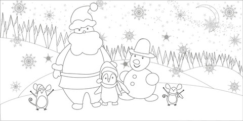 Christmas tree with ornaments and gifts. Christmas. New year. Coloring page for kids. Mouse, penguin, crescent moon. Vector.