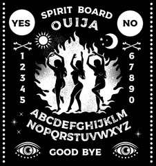 Ouija Board with Witches Dancing near a Campfire in the meadow. Witches Without Dress and Loose Hair. Occultism Set. Vector Illustration. - 373342712