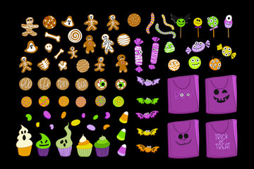 Halloween candy collection. A large set of sweets. Popular on isolated desserts, childrens sweets. Jelly, sweet corn, muffins, gingerbread, hard candies, toffee, muffins. Hand-drawn food for holiday.