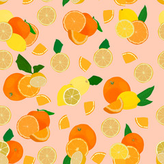 Orange and lemon vector. Recurring cute fruits. Timeless, feminine print. Trendy summer and winter background. Vector bright print for fabric or wallpaper.