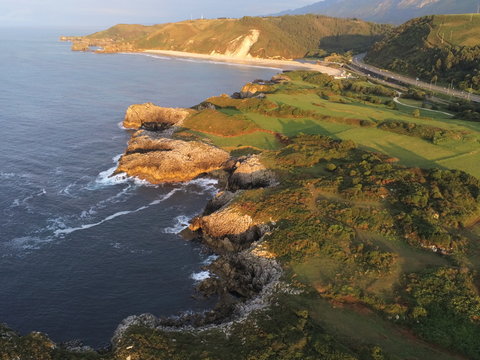 Beautiful coastal landcape in Asturias. Gulpiyuri. Spain. Aerial Drone Footage