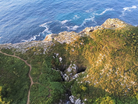 Beautiful coastal landcape in Asturias. Gulpiyuri. Spain. Aerial Drone Footage