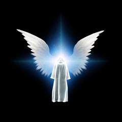 Surreal digital art. Figure in white cloak stands before bright light with angel's wings. 3D rendering