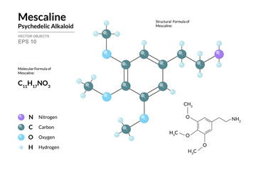 Mescaline. Naturally Occurring Psychedelic Protoalkaloid. Structural Chemical Formula and Molecule 3d Model. Atoms with Color Coding. Vector Illustration - obrazy, fototapety, plakaty