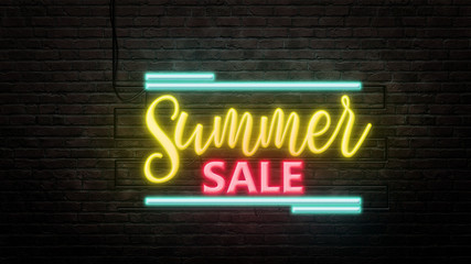 Summer SALE sign emblem in neon style on brick wall background