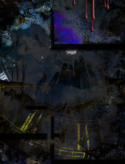 Grunge Dark Textured Manhattan Bridge Abstract. Clock face and eyes. 3D rendering