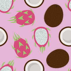 sweet whole coconut and dragon fruit tropical summer exotic fruit brown white pink green pitaya pattern on a pink background seamless vector. - 373346729