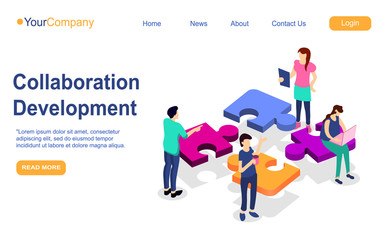 Business teamwork landing page. Puzzle elements with business people, leadership and collaboration. Vector web page construction team strategy for business development EPS