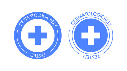 Dermatologically tested vector label logo. Dermatology test and dermatologist clinically proven icon for allergy free and healthy safe product package tag EPS