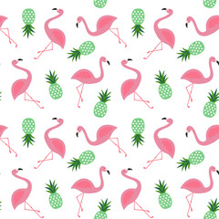 pink flamingo and green pineapple summer tropical seamless pattern on white background vector - 373346774