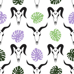 goat skulls with green and purple monstera leaves plant on a white background seamless pattern demon satan vector. - 373346791
