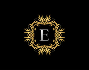 Callygraphic Badge E Letter Logo. Luxury Gold vintage emblem with beautiful classy floral ornament. Vintage Frame design Vector illustration.
