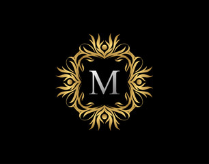 Callygraphic Badge M Letter Logo. Luxury Gold vintage emblem with beautiful classy floral ornament. Vintage Frame design Vector illustration.