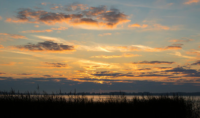 Summer lake at dawn, nature background.