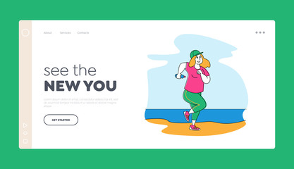 Fototapeta premium Overweight Woman Character Healthy Sport Life Landing Page Template. Fat Girl in Sports Wear Running on Beach, Fitness