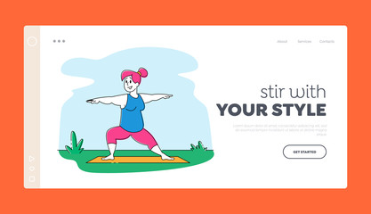 Overweight Woman Character Healthy Sport Life Landing Page Template. Fat Girl in Sports Wear Engage Fitness Activity
