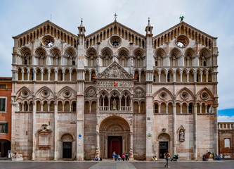 Marble façade of the Cathedral of Ferrara, Emilia Romagna region, Italy, built in the 12th century...