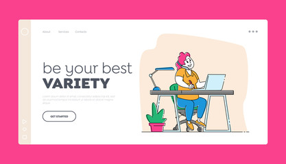 Bodypositive, Femininity Landing Page Template. Corpulent Woman Sitting at Office Desk Working on Laptop, Enjoy Life