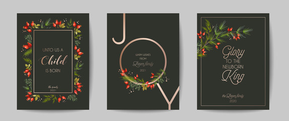 Set of Elegant Merry Christmas and New Year 2021 Cards with Pine Branches, Holy Berry, Mistletoe, Winter floral plants design illustration, greetings, invitation 2020, flyer, brochure, cover in vector