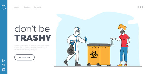 Female Character Throw Covid Waste to Litter Bin Landing Page Template. Woman Put Used Medical Mask in Container