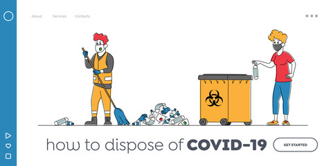 Worker Throw Garbage Landing Page Template. Male Janitor in Protective Suit Sweeping Street and Collecting Covid Waste