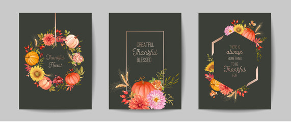 Set of Thanksgiving Day greeting, invitation card, flyer, banner, poster template. Autumn pumpkin, flower, leaves, floral design elements. Vector illustration