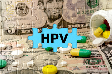 Double exposure. Puzzles depicting pills and dollars with the inscription -HPV