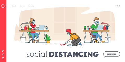 Working Process during Coronavirus Pandemic Landing Page Template. Office Characters in Medical Masks Work on Laptops