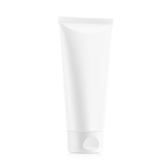 Blank plastic tube mockup for cosmetics with cap. Perspective view. Vector illustration isolated on white background. Can be use for your design, advertising, promo and etc. EPS10.